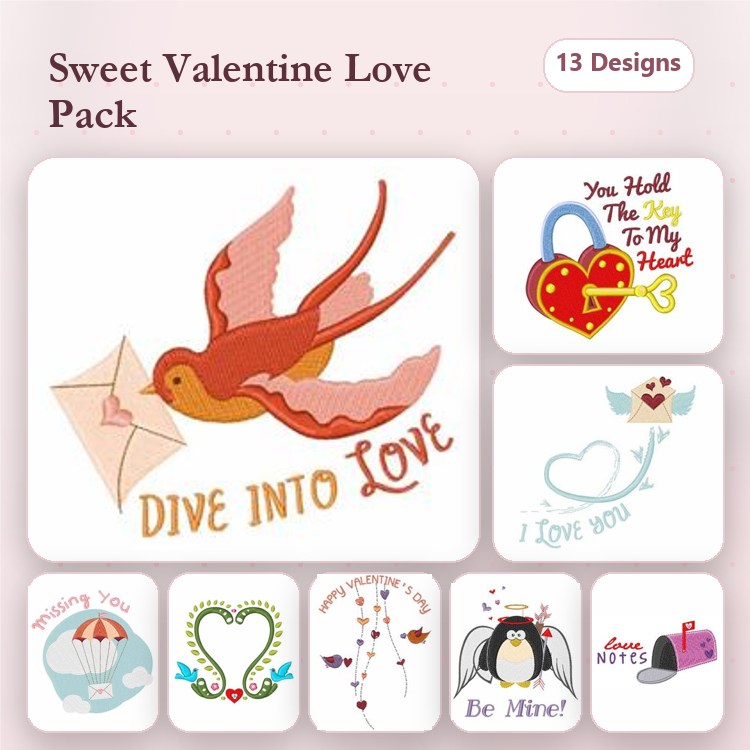 Valentine's Day Embroidery Designs Bundle – Love Bird, Heart Lock, Penguin with Gift & More (13 Designs)