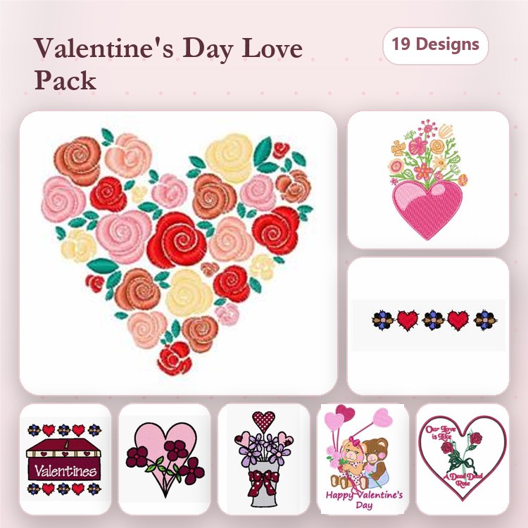 Floral Heart Embroidery Designs Bundle – Floral Heart with Roses, Bear with Heart, Roses and Hearts Arrangement & More (19 Designs)
