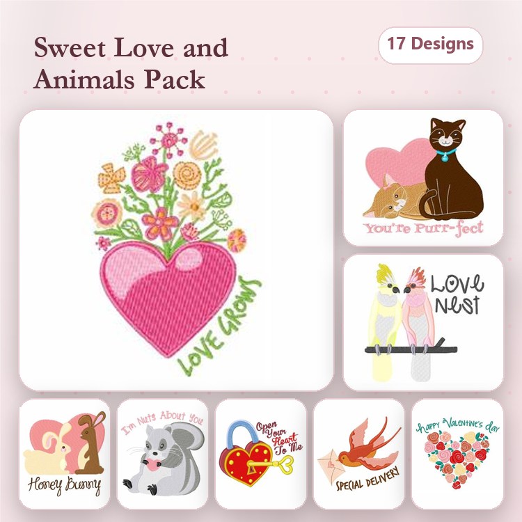 Love & Animals Embroidery Designs Bundle – Floral Heart, Cute Cow, Happy Dog & More (17 Designs)
