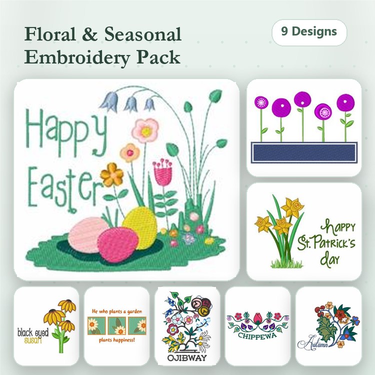 Floral and Seasonal Themes Embroidery Bundle – Happy Easter Scene, Spring Tulips, St. Patrick's Day Greeting & More (9 Designs)