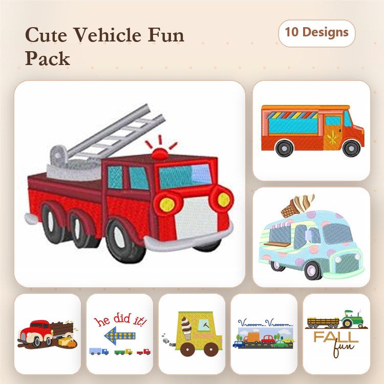 Cute Vehicles Embroidery Designs Bundle – Fire Truck, Ice Cream Truck, Food Truck, Dump Truck & More (10 Designs)