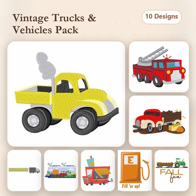 Vintage Trucks and Vehicles Embroidery Designs Bundle – Yellow Pickup Truck, Fire Truck, Red Car & More (10 Designs)