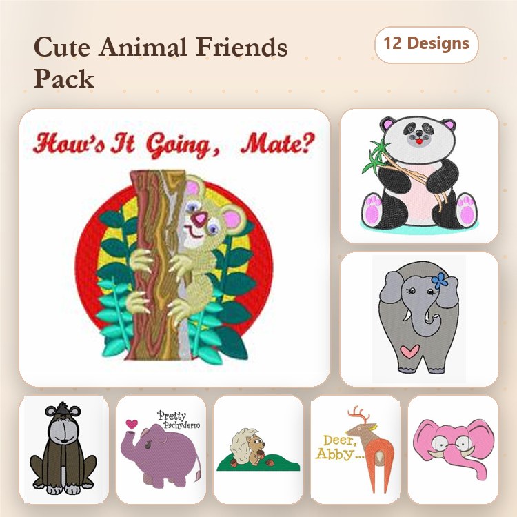 Cute Cartoon Animals Embroidery Bundle – Koala with Tree, Panda with Bamboo, Elephant with Heart & More (12 Designs)