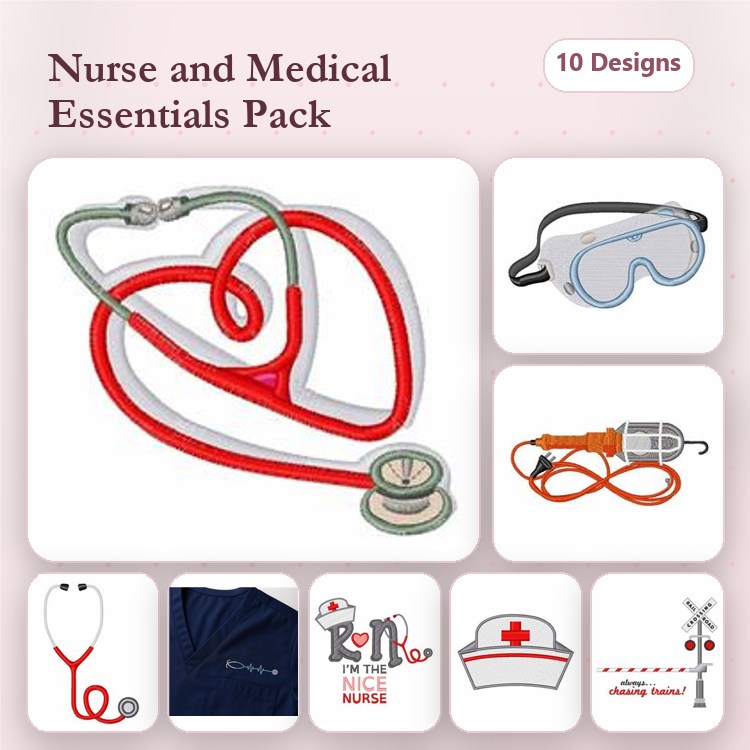 Nurse & Medical Themed Embroidery Bundle – Stethoscope, Protective Goggles, Nurse Cap & More (10 Designs)
