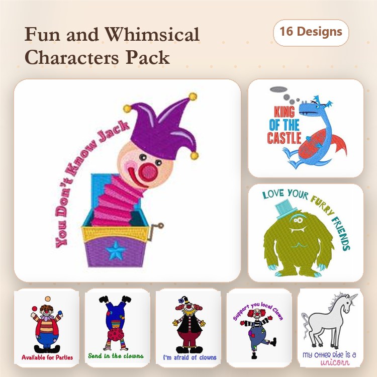 Funny Characters Embroidery Designs Bundle – Clown with a Hat, Dragon King, Unicorn Character & More (16 Designs)