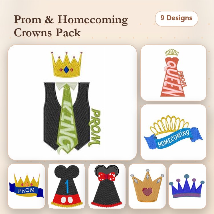 Applique Prom and Homecoming Crowns Embroidery Designs Bundle – King Crown with Tie, Queen Crown, Prom Crown & More (9 Designs)