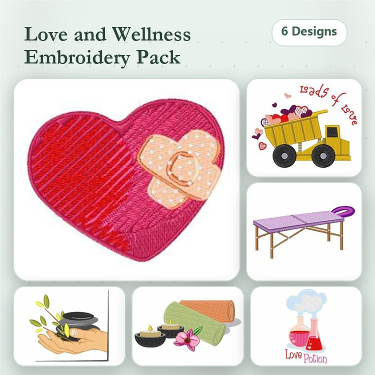 Love and Wellness Embroidery Designs Bundle – Heart with Bandage, Dump Truck with Hearts, Massage Table & More (6 Designs)