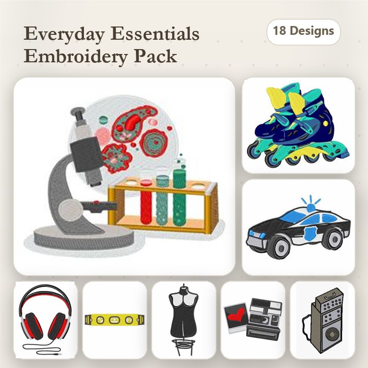 Everyday Essentials Embroidery Designs Bundle – Microscope, Test Tubes, Roller Skates, Police Car & More (18 Designs)