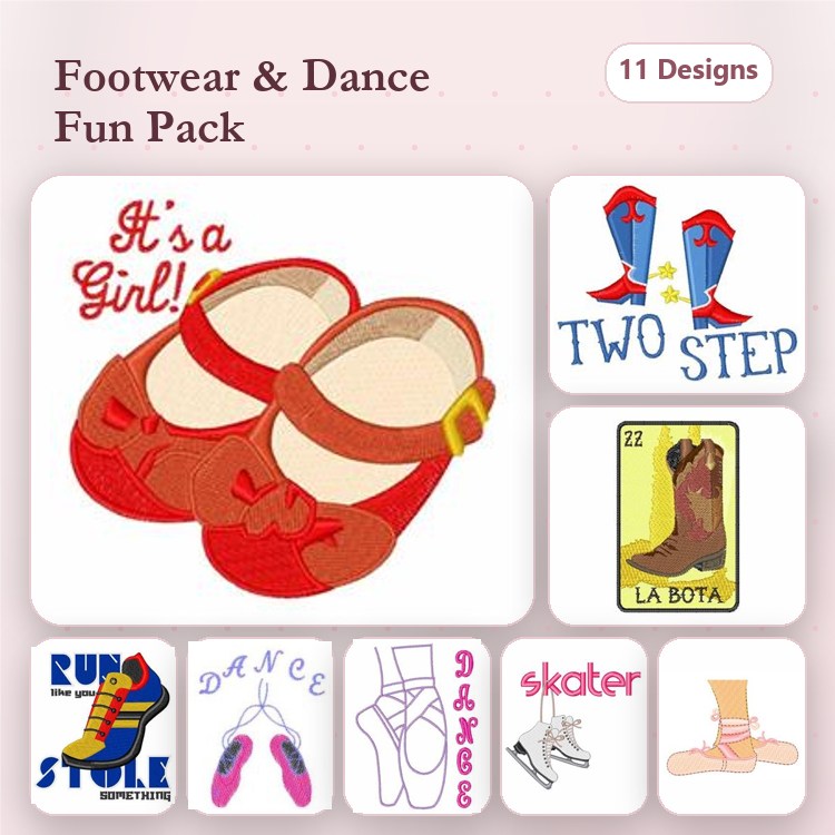 Footwear & Dance Embroidery Designs Bundle – It's a Girl, Two Step Boots, Dance Shoes & More (11 Designs)