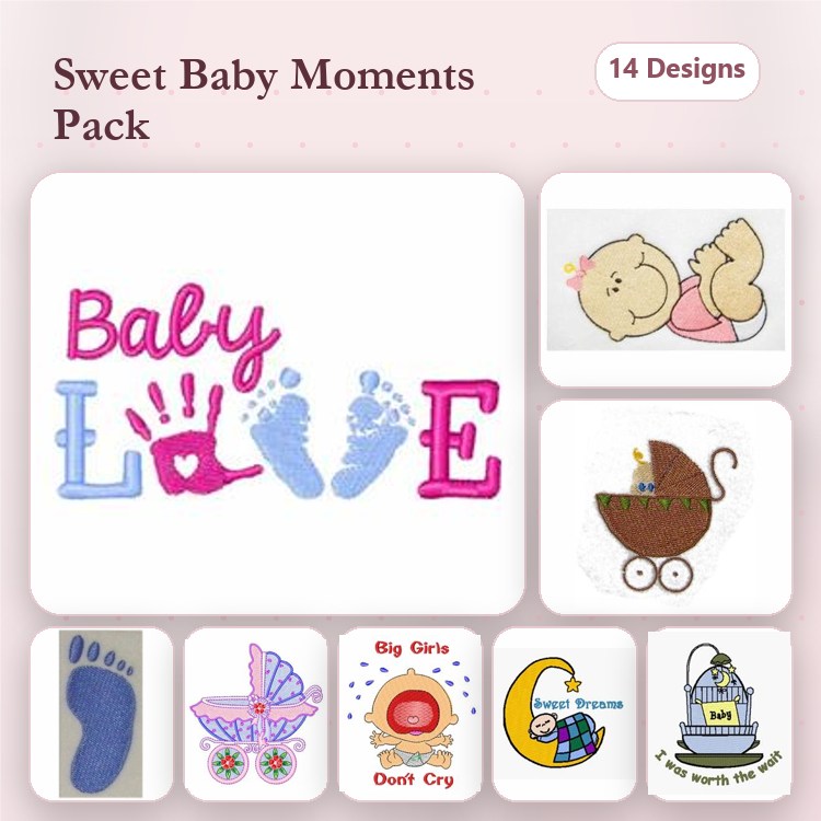 Baby Themed Embroidery Designs Bundle – Baby Love, Baby Feet, Cradle with Baby & More (14 Designs)