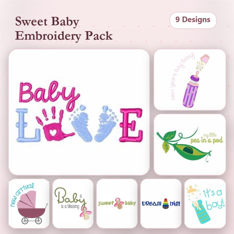 Baby Themed Embroidery Designs Bundle – Baby Love, Baby Feet, Baby Bottle & More (9 Designs)