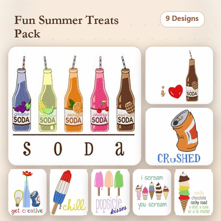 Summer Treats Embroidery Designs Bundle – Soda Bottles, Ice Cream Cone, Popsicles & More (9 Designs)