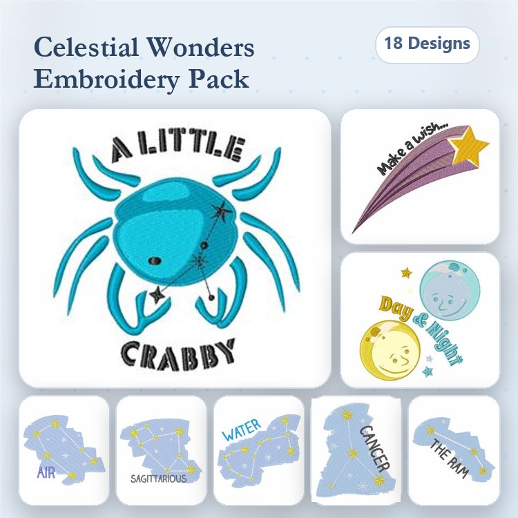 Celestial Ocean Embroidery Designs Bundle – A Little Crabby, Shooting Star, Day & Night & More (18 Designs)