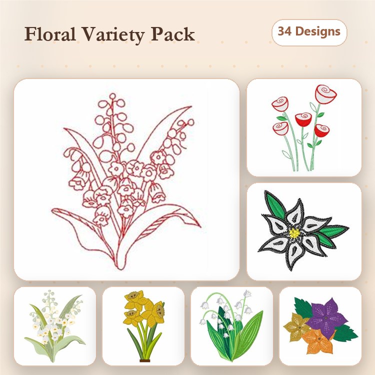 Redwork Floral Embroidery Designs Bundle – Lily of the Valley, Daffodil, Tulip & More (34 Designs)