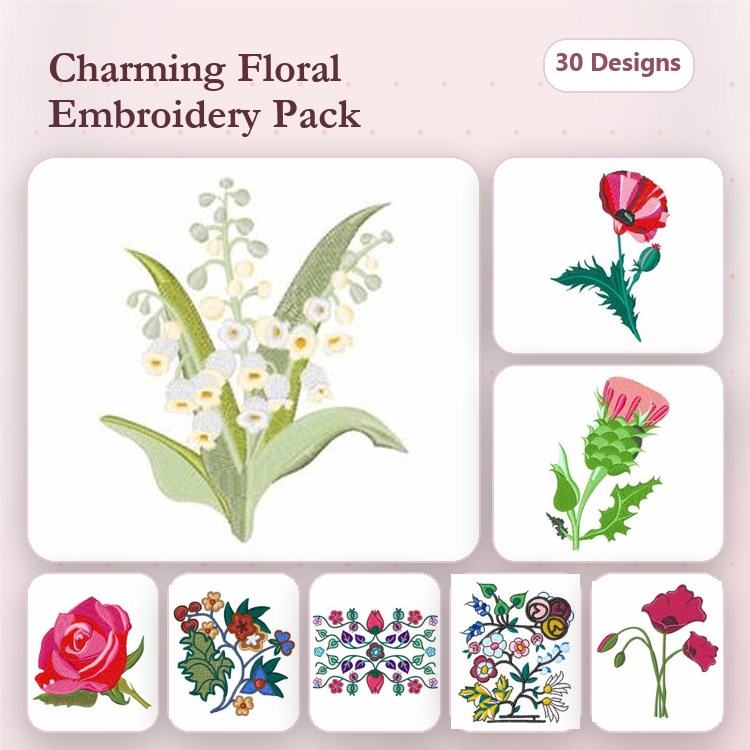 Floral Embroidery Bundle – Lily of the Valley, Poppy, Rose & More (30 Designs)
