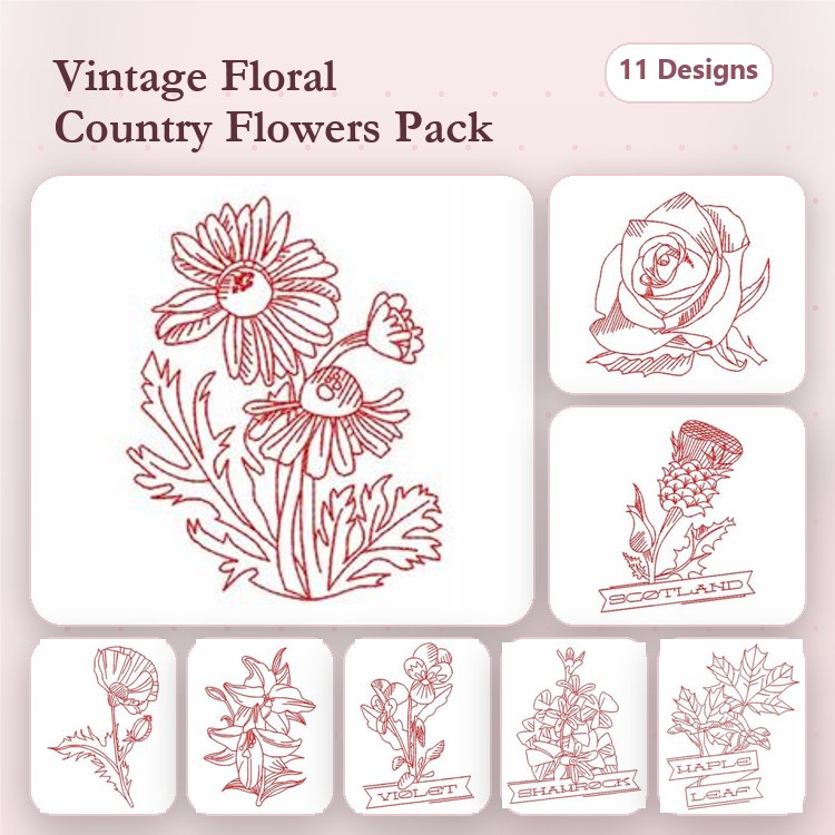 Redwork Vintage Floral Embroidery Designs Bundle – Daisy Bouquet, Rose, Poppy & More (11 Designs)