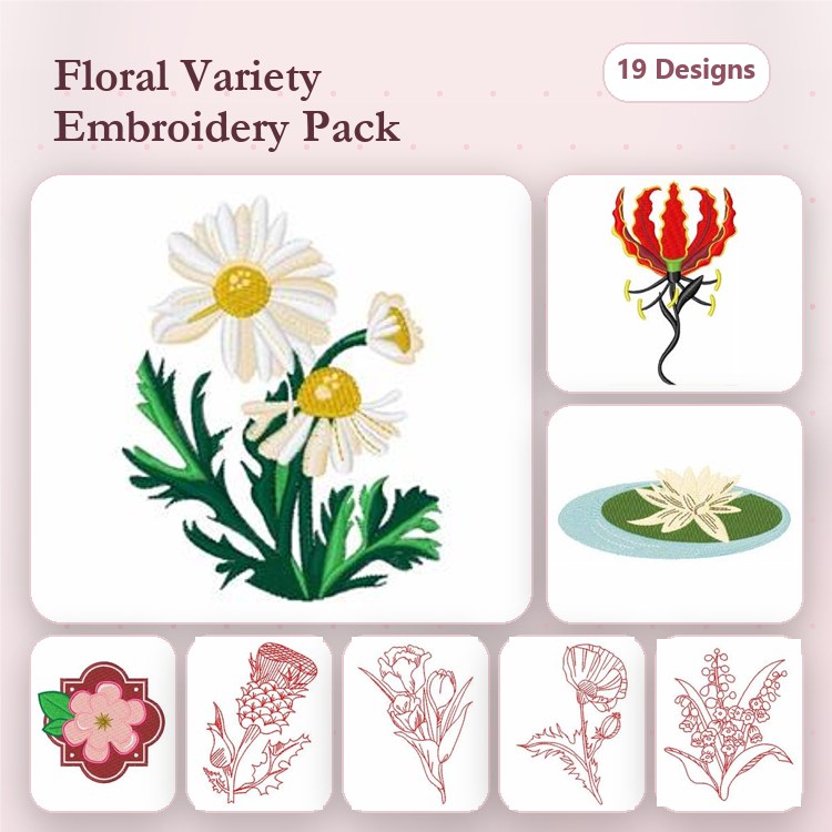 Floral Variety Embroidery Designs Bundle – Daisy Flower, Flame Flower, Water Lily & More (19 Designs)