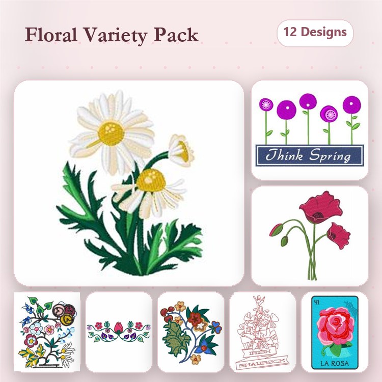 Floral Embroidery Bundle – Daisy Flower, Red Rose, Purple Flowers & More (12 Designs)