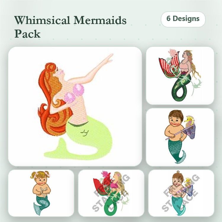 Mermaid Embroidery Designs Bundle – Mermaid with Pink Shells, Mermaid with Red Hair, Mermaid with Umbrella & More (6 Designs)
