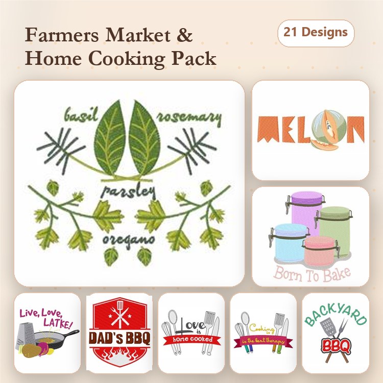 Farmers Market & Cooking Embroidery Designs Bundle – Basil & Rosemary, Parsley & Oregano, Born To Bake & More (21 Designs)