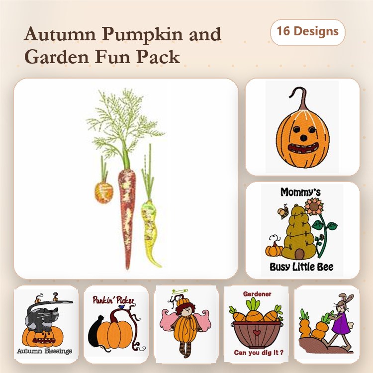 Autumn Garden Embroidery Bundle – Scarecrow, Pumpkin with Face, Gardener & More (16 Designs)
