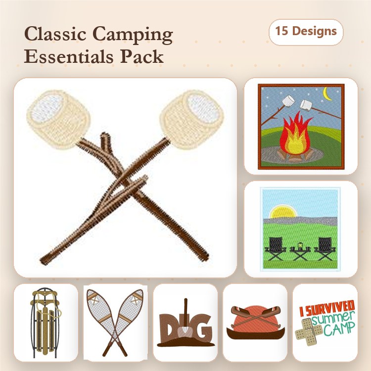 Camping Themed Embroidery Designs Bundle – Campfire Scene, Marshmallow on Sticks, Lake Sunset & More (15 Designs)
