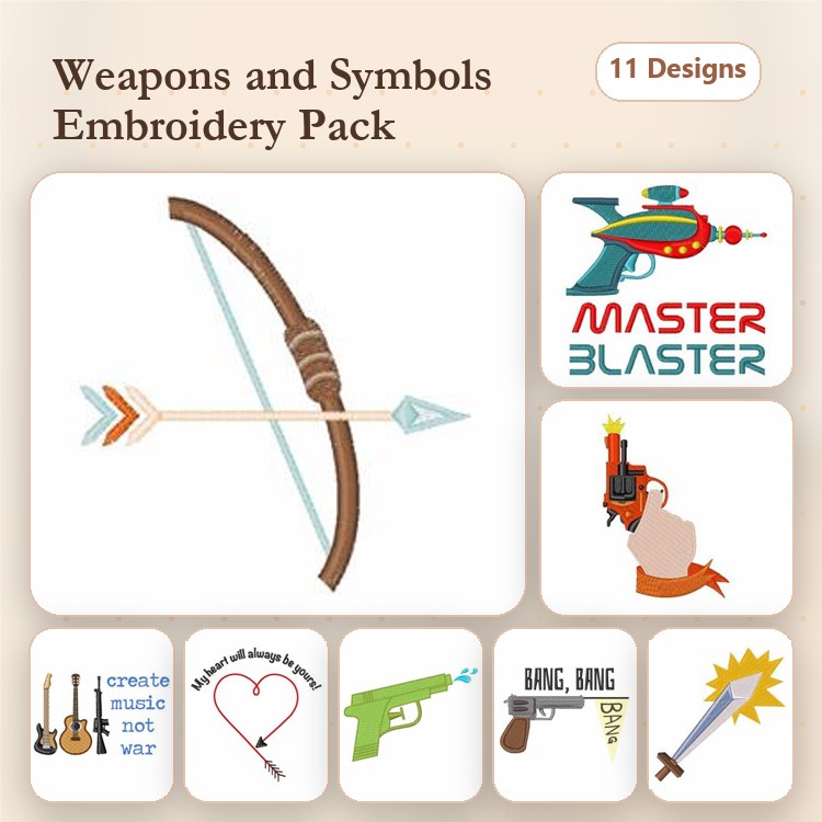 Weapons and Symbols Embroidery Designs Bundle – Bow and Arrow, Master Blaster, Guitar and Music Notes & More (11 Designs)