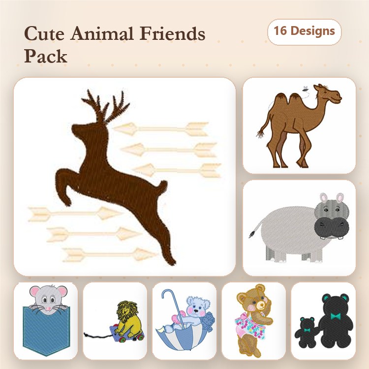Cute Animal Embroidery Designs Bundle – Running Deer, Camel, Hippo & More (16 Designs)