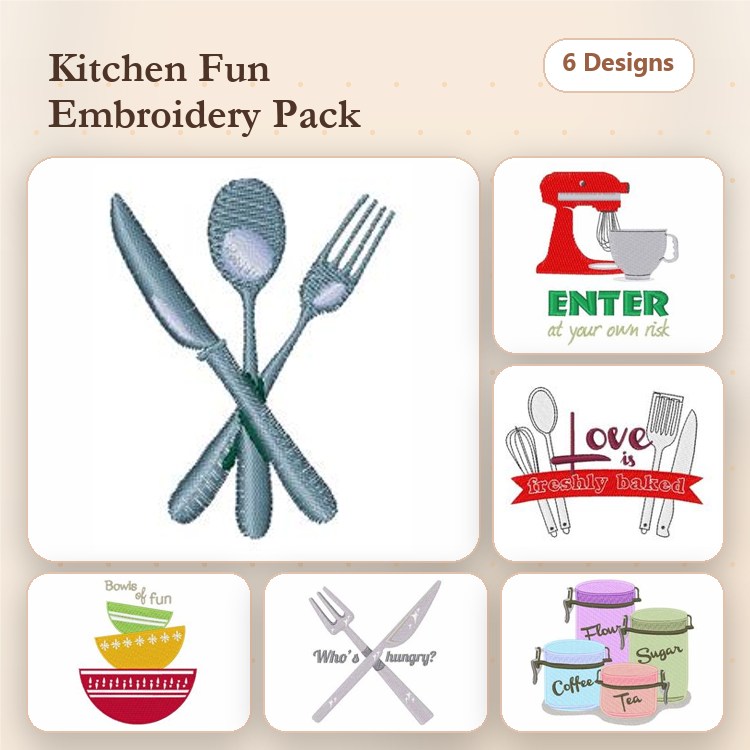 Kitchen Utensils Embroidery Designs Bundle – Knife and Fork, Mixer, Love is Cooking & More (6 Designs)