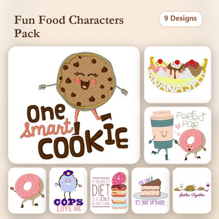 Fun Food Characters Embroidery Designs Bundle – One Smart Cookie, Sundae Delight, Donut with Sprinkles & More (9 Designs)