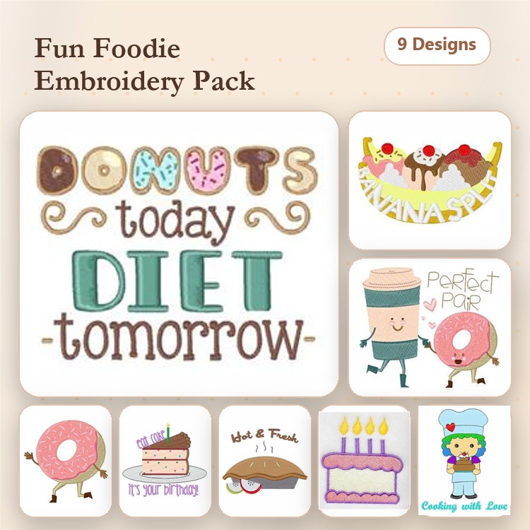 Food and Desserts Embroidery Designs Bundle – Donuts Today Diet Tomorrow, Ice Cream Cone, Birthday Cake & More (9 Designs)