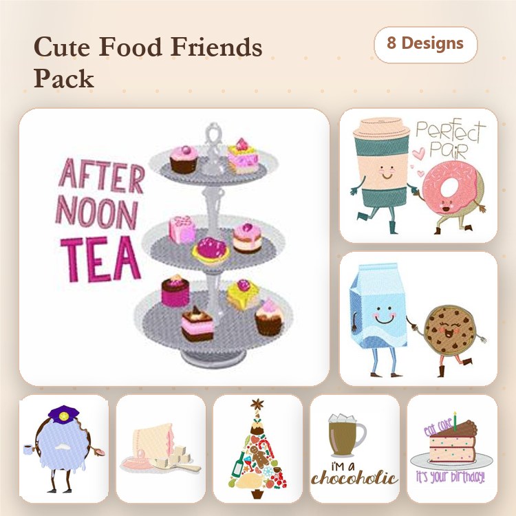 Cute Food Embroidery Designs Bundle – After Noon Tea Stand, Cupcake with Frosting, Cookie Character & More (8 Designs)