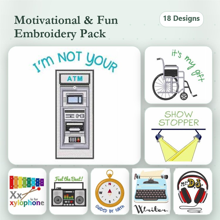 Motivational & Fun Embroidery Designs Bundle – ATM Humor, Bicycle Gift, Guided by Awesome & More (18 Designs)