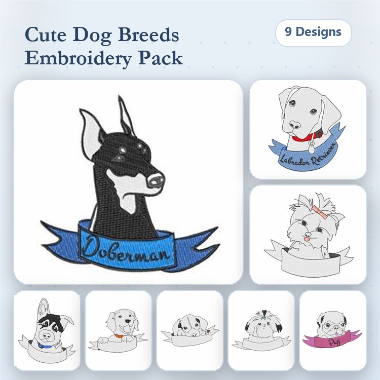 Dog Breed Embroidery Bundle – Golden Retriever, Beagle, Pug & More (6 Designs)