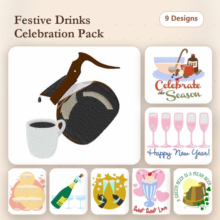 Festive Drinks Embroidery Designs Bundle – Coffee Pot, Champagne Bottle, Cocktail Glasses & More (9 Designs)