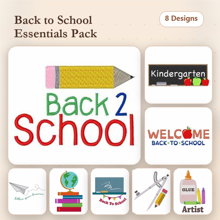 Back to School Embroidery Designs Bundle – Pencil, Kindergarten Sign, Glue Bottle & More (8 Designs)