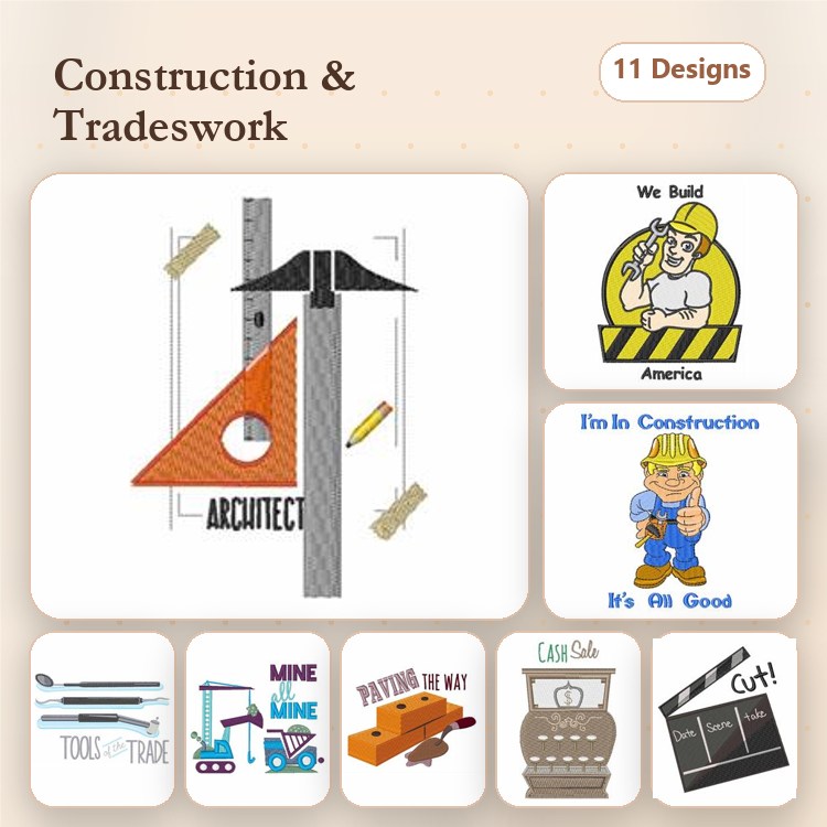 Construction and Tradeswork Embroidery Designs Bundle – Architect Square, Construction Helmet, Hammer and Nails & More (11 Designs)