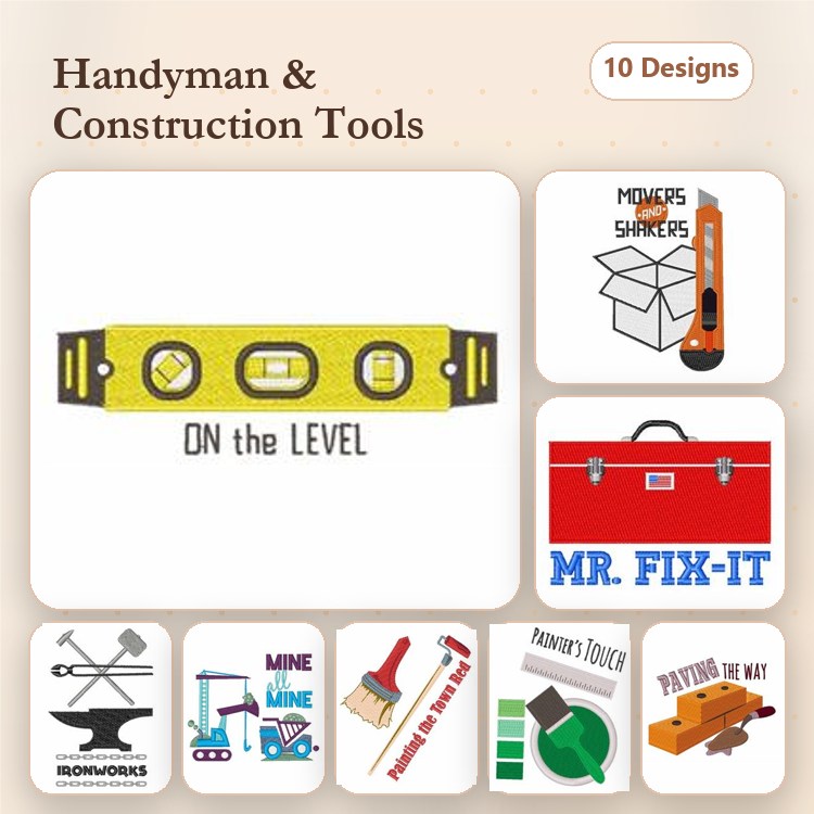 Handyman and Construction Tools Embroidery Designs Bundle – On the Level Tool, Mr. Fix-It Tool Box, Hammer and Nail & More (10 Designs)
