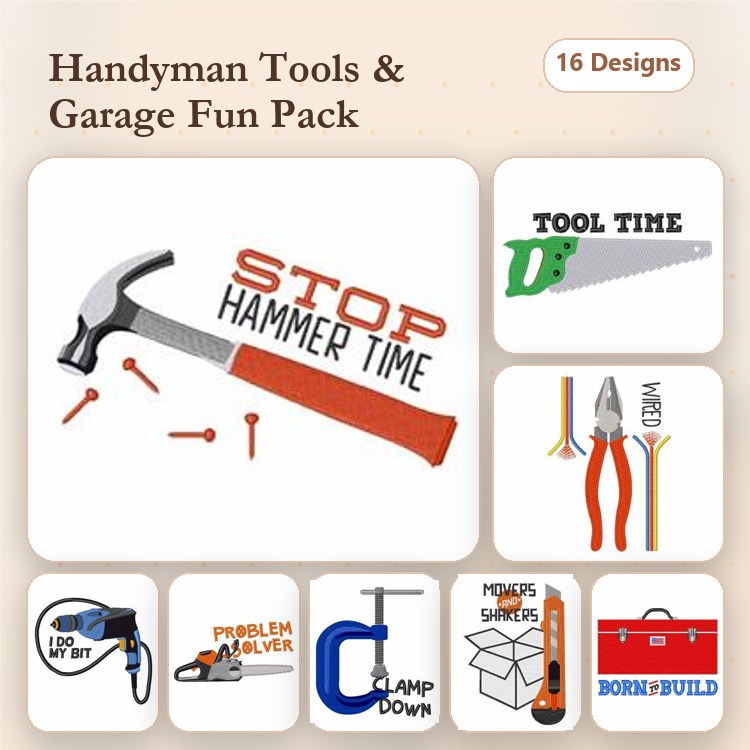 Handyman Tools Embroidery Designs Bundle – Hammer, Pliers, Toolbox & More (16 Designs)