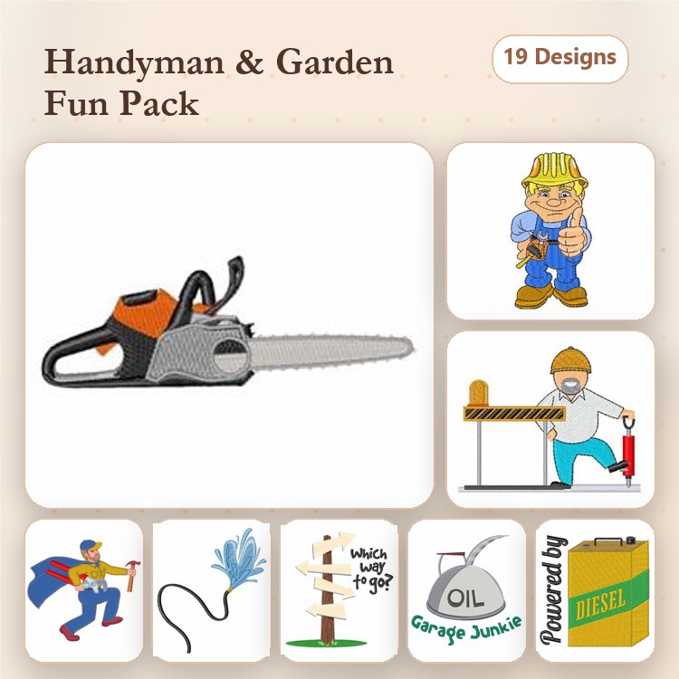 Handyman & Garden Tools Embroidery Designs Bundle – Chainsaw, Carpenter, Woodworking Man & More (19 Designs)