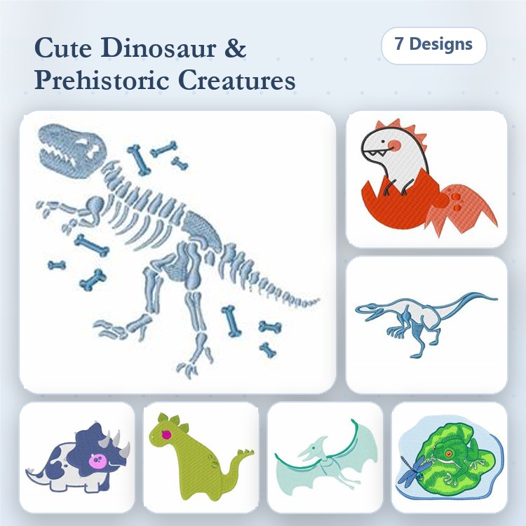 Cute Dinosaur Embroidery Designs Bundle – T-Rex Skeleton, Cartoon Dinosaur, Triceratops & More (7 Designs)