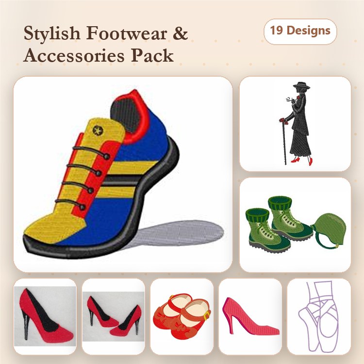 Footwear and Accessories Embroidery Designs Bundle – Running Shoe, High Heels, Casual Sandals & More (19 Designs)