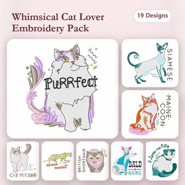 Whimsical Cat Embroidery Designs Bundle – Purrfect Cat, Siamese Cat, Maine Coon Cat & More (19 Designs)