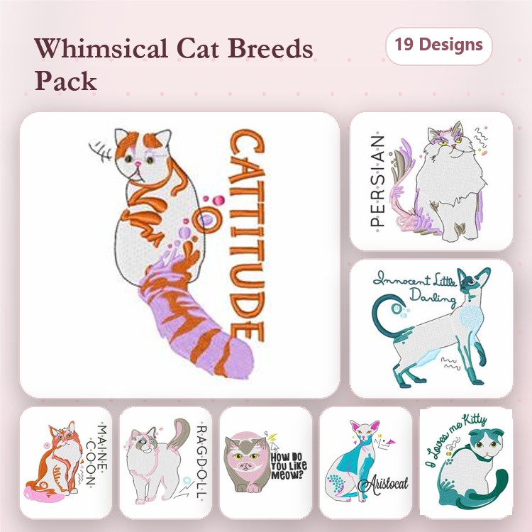 Cattitude & Cat Breed Embroidery Designs Bundle – Persian, Siamese, Ragdoll & More (19 Designs)