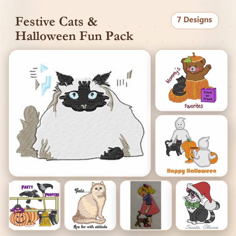 Festive Cats & Halloween Embroidery Designs Bundle – Siamese Cat, Pumpkin Cat, Happy Halloween Cat & More (7 Designs)