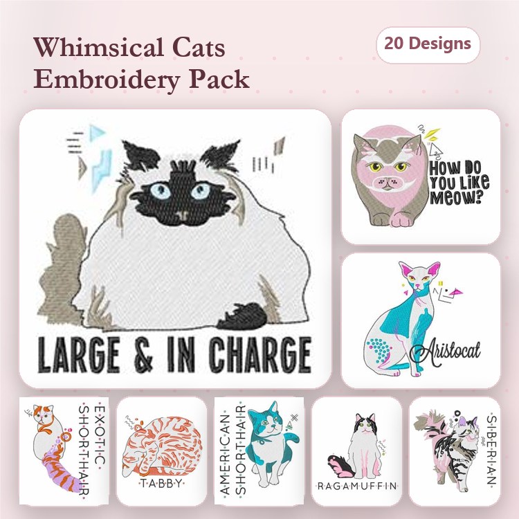 Whimsical Cats Embroidery Designs Bundle – Siamese Cat, Persian Cat, How Do You Like Meow? & More (20 Designs)