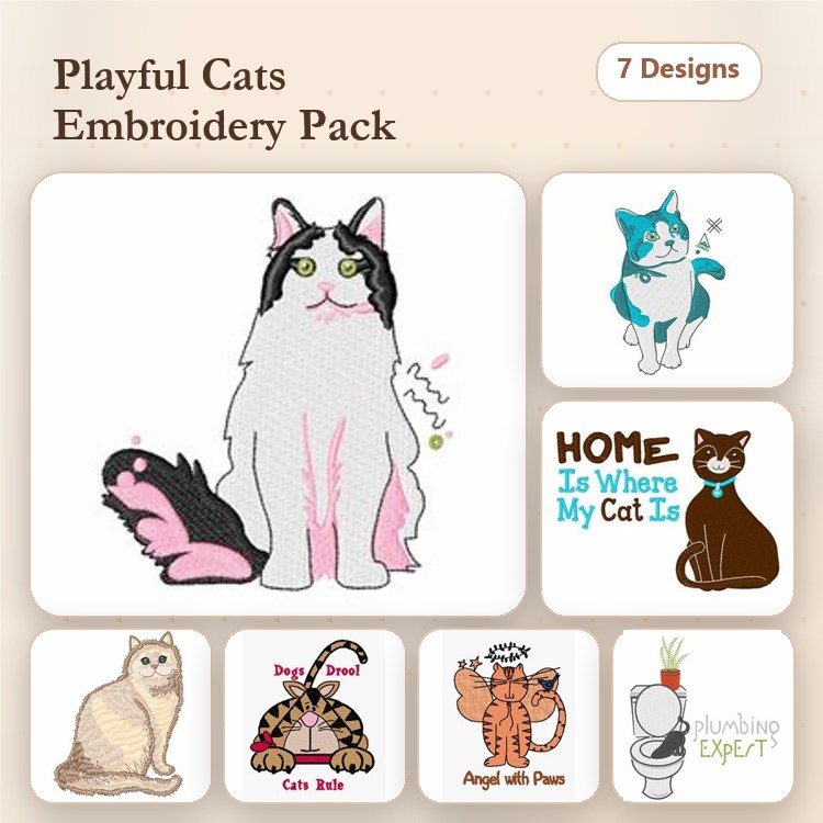 Playful Cats Embroidery Bundle – Fluffy Cat, Siamese Cat, Angel with Cat & More (7 Designs)
