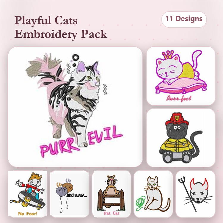 Funny Cat Embroidery Designs Bundle – Sassy Cat, Cat with Crown, Firefighter Cat & More (11 Designs)