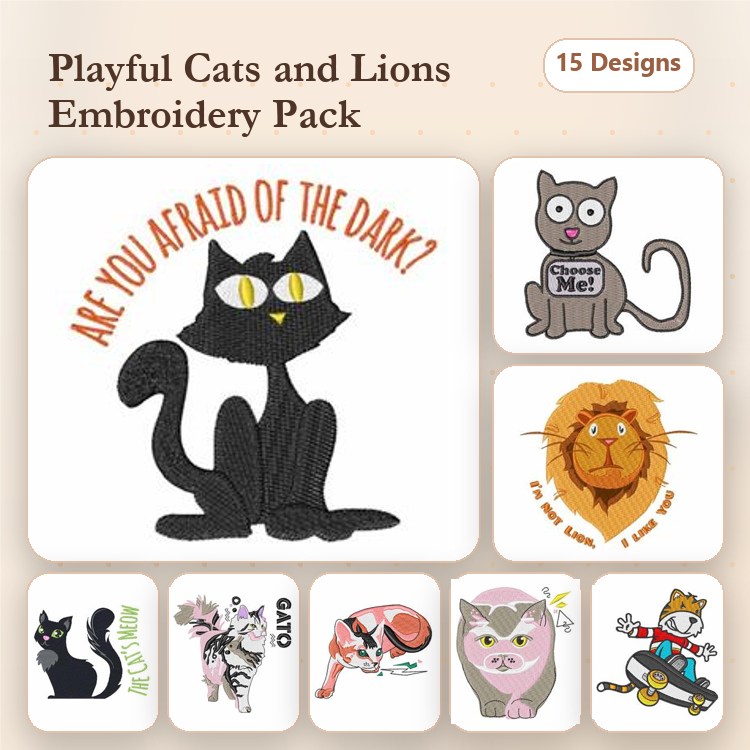 Funny Cat & Lion Embroidery Designs Bundle – Black Cat with Yellow Eyes, Gray Cat with Speech Bubble, Lion Face with Happy Expression & More (15 Designs)