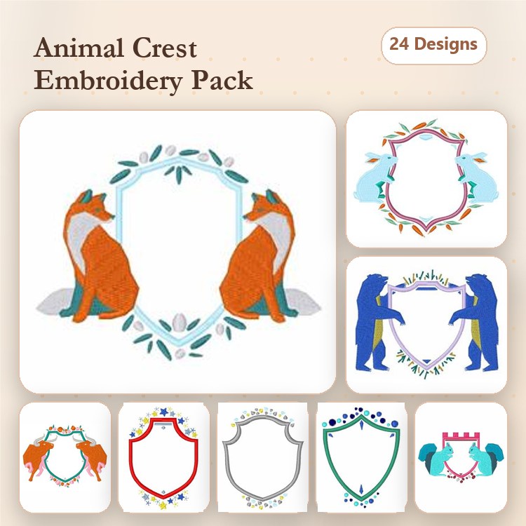 Animal Crest Embroidery Designs Bundle – Fox, Bear, Deer, Rabbit & More (24 Designs)